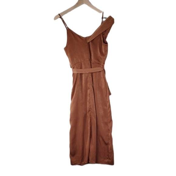 J.O.A. Anouk Satin Draped Shoulder Midi Dress S Side Slit Strappy Cocktail Brown - Picture 11 of 12